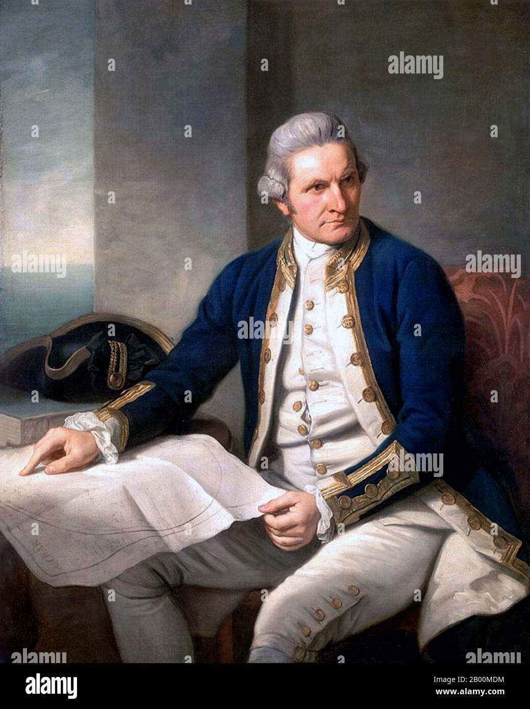 Captain James Cook (1728-1779). Oil on canvas painting by Nathaniel Dance-Holland (1735-1811), c. 1775.  James Cook FRS RN  (7 November 1728 – 14 February 1779) was a British explorer, navigator and cartographer, ultimately rising to the rank of Captain in the Royal Navy. Cook was the first to map Newfoundland prior to making three voyages to the Pacific Ocean during which he achieved the first European contact with the eastern coastline of Australia  and the Hawaiian Islands as well as the first recorded circumnavigation of New Zealand. Cook died in Hawaii in a fight with Hawaiians. Stock Photo