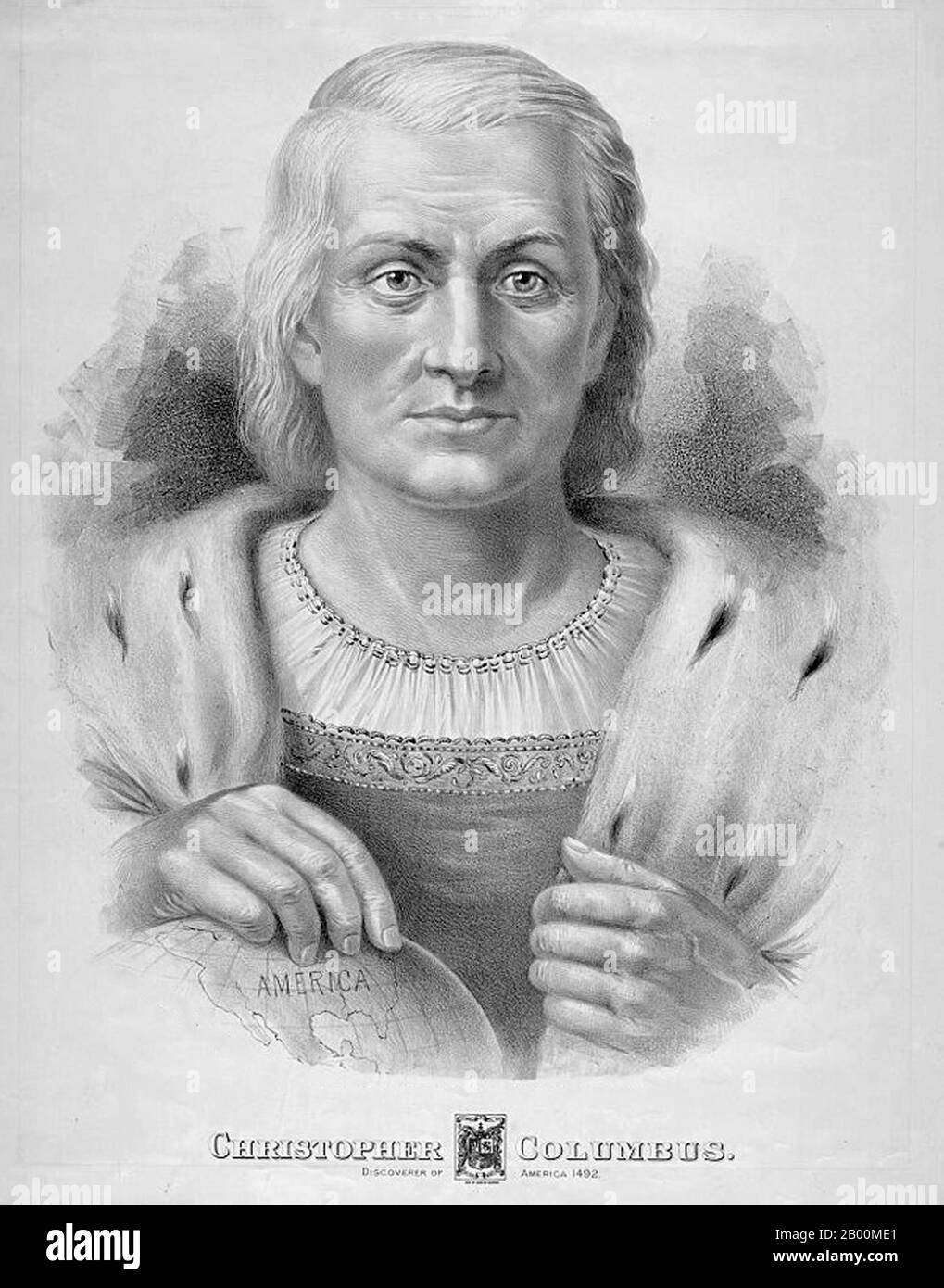 Italy: Christopher Columbus (1451 – 1506) by Currier and Ives, 1892.  Christopher Columbus (c. 31 October 1451 – 20 May 1506) was a navigator, colonizer, and explorer from Genoa, Italy, whose voyages across the Atlantic Ocean led to general European awareness of the American continents in the Western Hemisphere. With his four voyages of exploration and several attempts at establishing a settlement on the island of Hispaniola, all funded by Isabella I of Castile, he initiated the process of Spanish colonization which foreshadowed general European colonization  of the 'New World'. Stock Photo