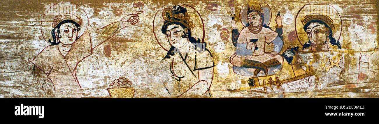 China: Image of Chinese princess bringing silk worm eggs to Khotan concealed in her hair. Painting on wood from Dandan Oilik, Taklamakan Desert, Xinjiang.  Dandan Oilik is a deserted historical town and desert oasis in the Taklamakan Desert of China. Dandan Oilik was an important (though small) centre of local Buddhism and trade on the Silk Road. Its name means 'Houses of Ivory' and has been the site of a small number of significant archaeological finds. Having been abandoned many hundreds of years ago, the oasis was found and lost to shifting desert sands several times. Stock Photo