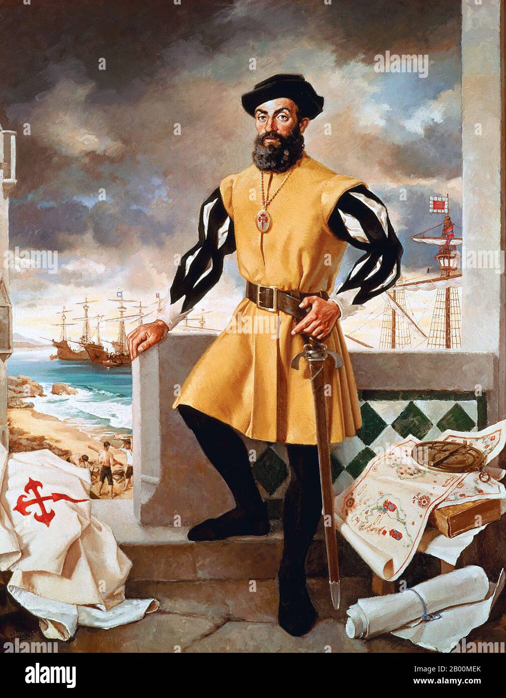 https://c8.alamy.com/comp/2B00MEK/portugal-ferdinand-magellan-1480-1521-portuguese-explorer-and-circumnavigator-ferdinand-magellan-c-1480-april-27-1521-was-a-portuguese-explorer-he-was-born-at-sabrosa-in-northern-portugal-but-later-obtained-spanish-nationality-in-order-to-serve-king-charles-i-of-spain-in-search-of-a-westward-route-to-the-spice-islands-modern-maluku-islands-in-indonesia-magellans-expedition-of-1519-1522-became-the-first-expedition-to-sail-from-the-atlantic-ocean-into-the-pacific-ocean-and-the-first-to-cross-the-pacific-it-also-completed-the-first-circumnavigation-of-the-globe-2B00MEK.jpg