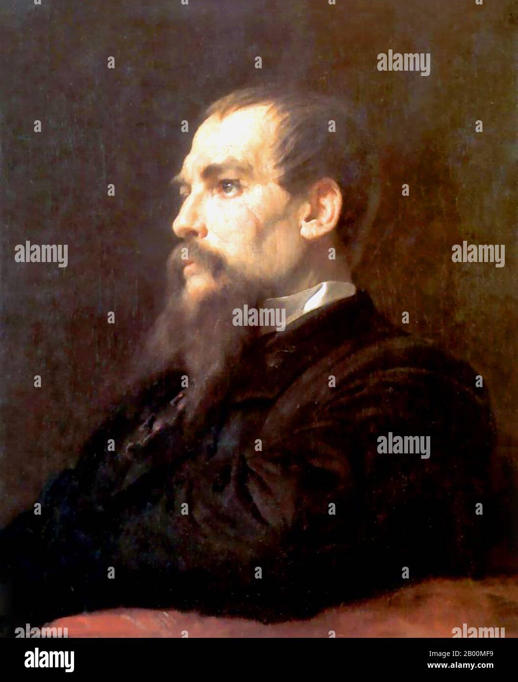 UK: 'Sir Richard Francis Burton (1821-1890)'. Oil on canvas painting by Frederic Leighton (1830-1896), c. 1872-1875.  Captain Sir Richard Francis Burton KCMG FRGS (19 March 1821 โ€“ 20 October 1890) was an English explorer, translator, writer, soldier, orientalist, ethnologist, linguist, poet, hypnotist, fencer and diplomat. He was known for his travels and explorations within Asia and Africa as well as his extraordinary knowledge of languages and cultures. Stock Photo
