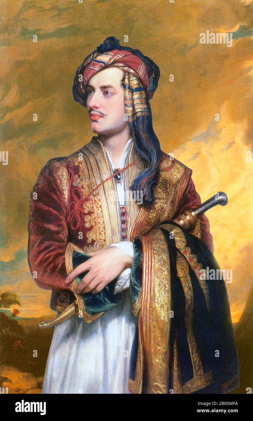 UK: 'Portrait of Lord Byron in Albanian Dress'. Oil on canvas painting by Thomas Phillips (1770-1845), 1813.  George Gordon Byron, 6th Baron Byron, later George Gordon Noel, 6th Baron Byron, FRS  (22 January 1788-9 April 1824), commonly known simply as Lord Byron, was an English poet and a leading figure in Romanticism. He travelled in the Ottoman Empire, especially in Albania and Greece. Stock Photo