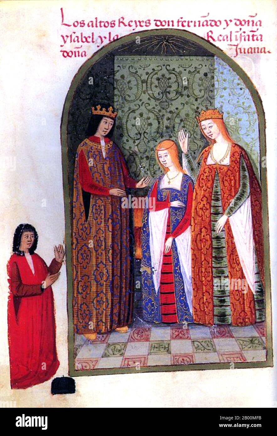 Spain: 'The Reconquest of Granada'. Miniature by Pedro Marcuello, 15th century.  The Catholic Monarchs (Spanish: los Reyes Católicos) is the collective title used in history for Queen Isabella I of Castile and King Ferdinand II of Aragon. They were both from the House of Trastámara and were second cousins, being both descended from John I of Castile; they were given a papal dispensation to deal with consanguinity by Sixtus IV. Stock Photo