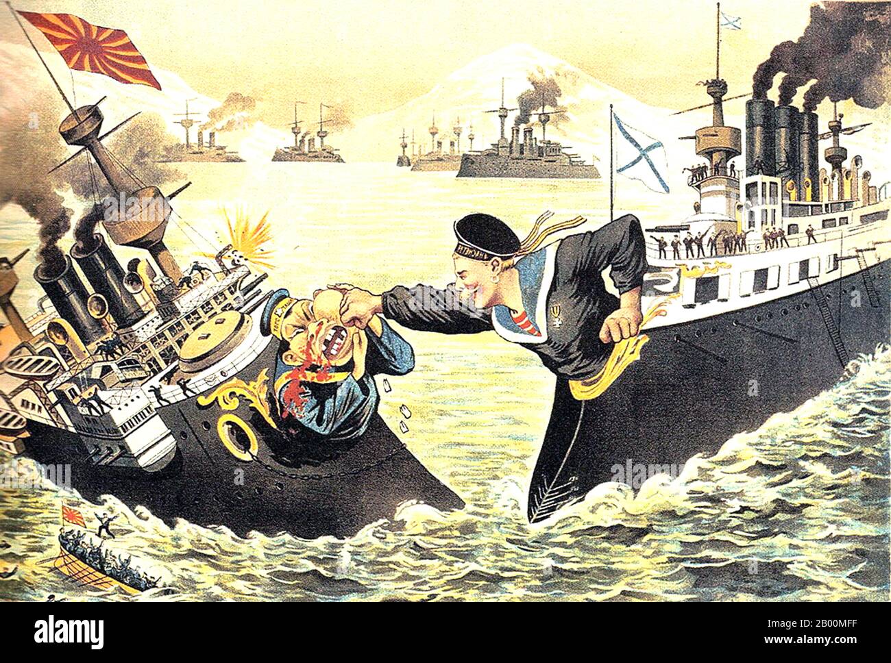 Russia: Russian propaganda image of Tsarist navy giving Japanese navy a bloody nose, (Russo-Japanese War, 8 February 1904 – 5 September 1905).  The Russo-Japanese War (8 February 1904 – 5 September 1905) was the first great war of the 20th century which grew out of the rival imperial ambitions of the Russian Empire and Japanese Empire over Manchuria and Korea. The resulting campaigns, in which the Japanese military attained victory over the Russian forces arrayed against them, were unexpected by world observers. Stock Photo