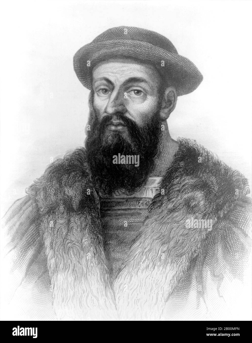Portugal: Ferdinand Magellan (1480-1521) Portuguese explorer and circumnavigator. Engraving by an unknown artist, 1810.  Ferdinand Magellan c. 1480-April 27, 1521) was a Portuguese  explorer. He was born at Sabrosa, in northern Portugal, but later obtained Spanish nationality in order to serve King Charles I of Spain in search of a westward route to the Spice Islands (modern Maluku Islands in Indonesia). Magellan's expedition of 1519-1522 became the first expedition to sail from the Atlantic Ocean into the Pacific Ocean and the first to cross the Pacific. Stock Photo