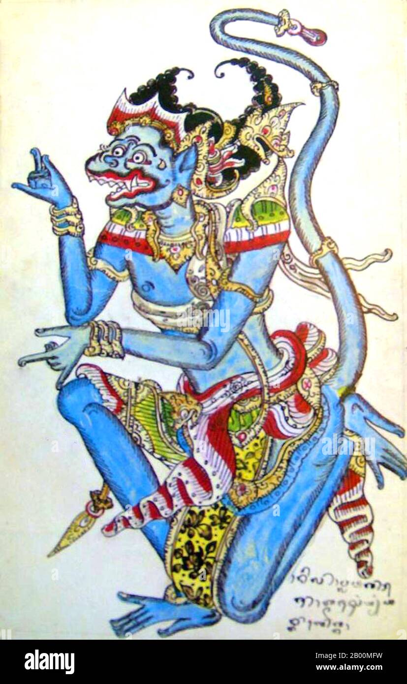 Indonesia: Representation of the Hindu God Hanuman from a Javanese Ramayana manuscript.  The Hindu deity Hanuman is an ardent devotee of Rama, a central character in the Indian epic Ramayana. A general among the vanaras, an ape-like race of forest-dwellers, Hanuman is an incarnation of the divine and a disciple of Lord Sri Rama in the struggle against the demon king Ravana.  The Ramayana is an ancient Sanskrit epic. It is ascribed to the Hindu sage Valmiki and forms an important part of the Hindu canon, considered to be based on historical events Stock Photo