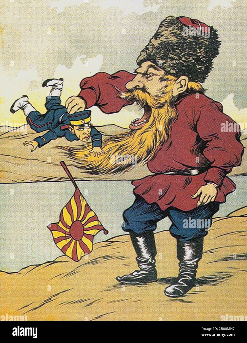 Russia: Russo–Japanese War (10 February 1904 – 5 September 1905) Russian propaganda poster showing 'The Breakfast of the Cossack', 1904-1905.  The Russo-Japanese War (8 February 1904 – 5 September 1905) was the first great war of the 20th century which grew out of the rival imperial ambitions of the Russian Empire and Japanese Empire over Manchuria and Korea. The resulting campaigns, in which the Japanese military attained victory over the Russian forces arrayed against them, were unexpected by world observers. Stock Photo