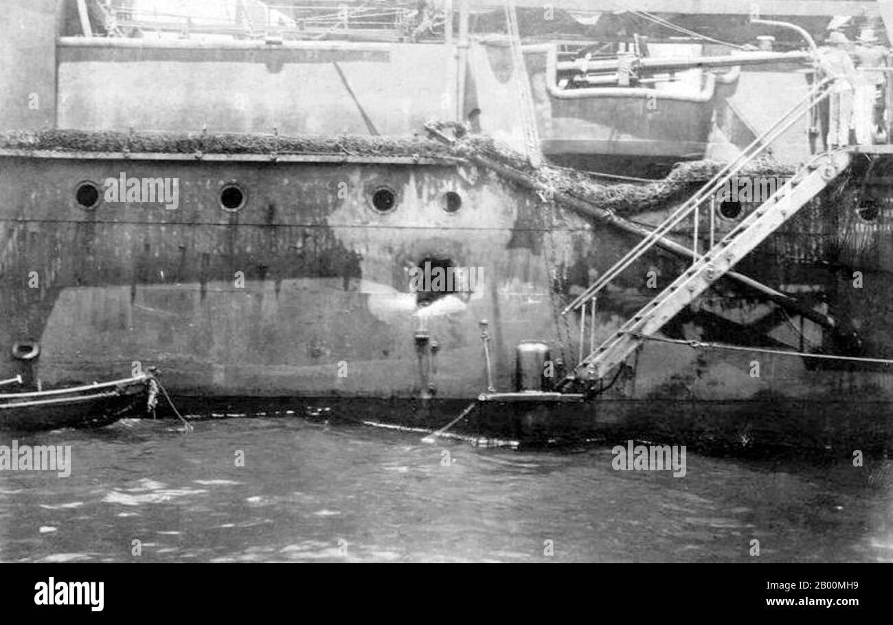 Russia: The Russian ship Oleg with a gaping hole in her side after battle, (Russo-Japanese War, 8 February 1904 – 5 September 1905).  The Russo-Japanese War (8 February 1904 – 5 September 1905) was the first great war of the 20th century which grew out of the rival imperial ambitions of the Russian Empire and Japanese Empire over Manchuria and Korea. The resulting campaigns, in which the Japanese military attained victory over the Russian forces arrayed against them, were unexpected. Stock Photo