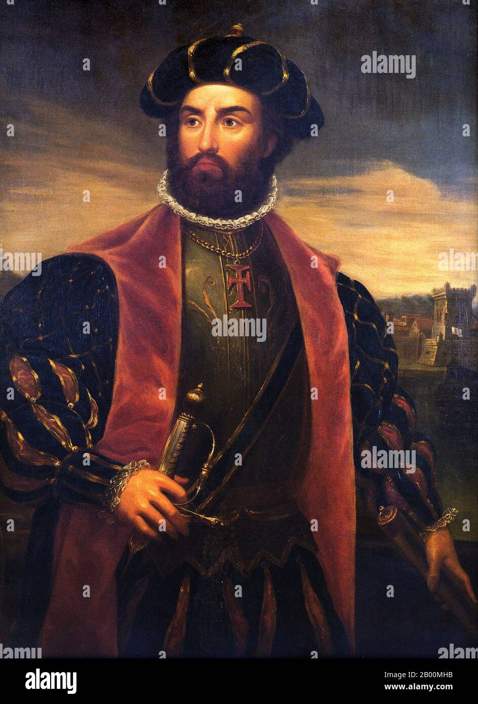 Portugal: 'Vasco da Gama (1460 or 1469 – 1524), Explorer and Imperialist'. Oil on canvas painting by Antonio Manuel da Fonseca (1796-1890), 1838.  Vasco da Gama, 1st Count of Vidigueira (1460 or 1469-1524) was a Portuguese explorer, one of the most successful in the European Age of Discovery and the commander of the first ships to sail directly from Europe to India. For a short time in 1524 he was Governor of Portuguese India under the title of Viceroy. Stock Photo