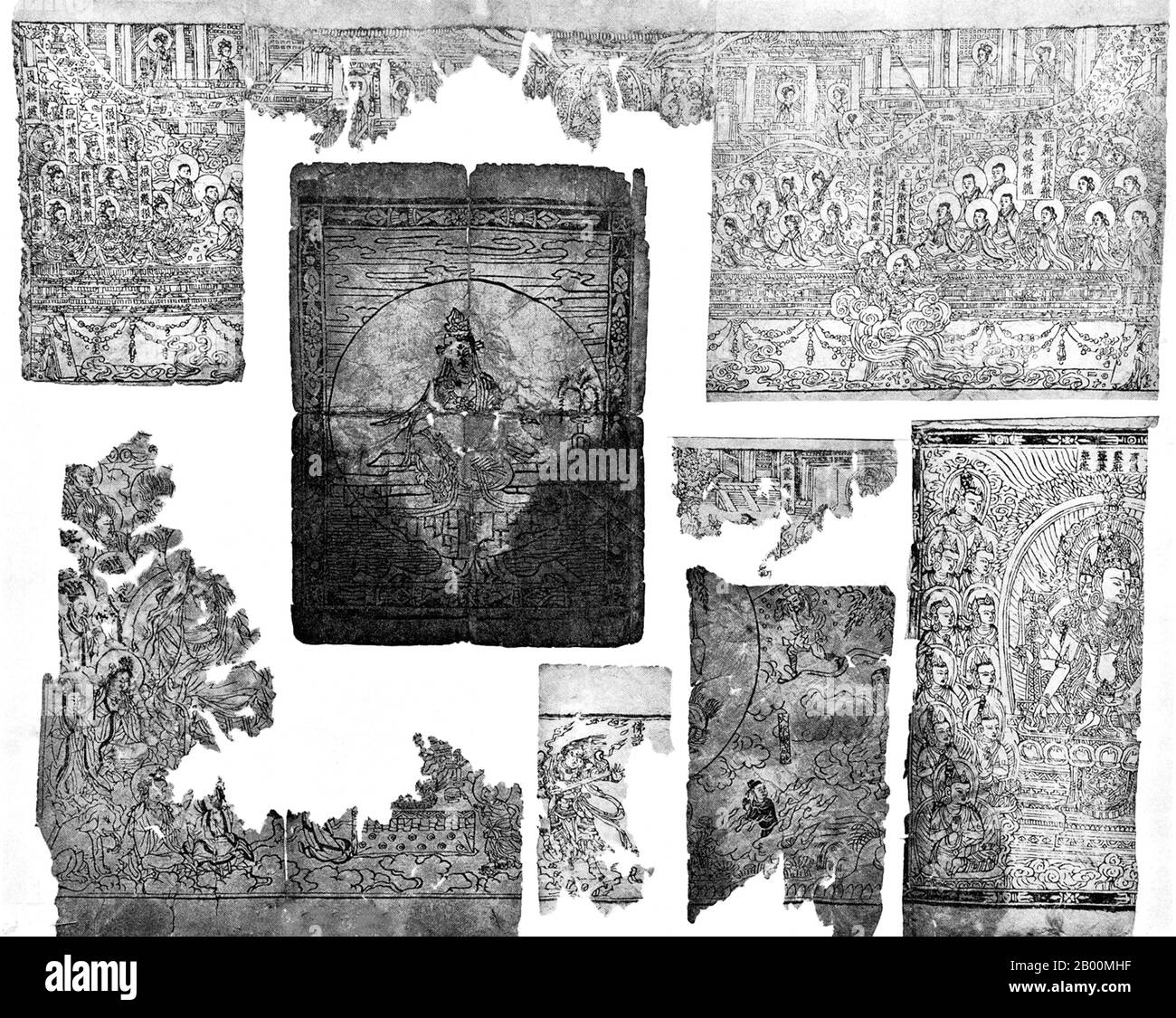 China: Block prints on paper from Khara-Khoto, Inner Mongolia.  Khara-Khoto is a medieval Tangut city in the Ejin khoshuu of Alxa League, in western Inner Mongolia, near the former Gashun Lake. It has been identified as the city of Etzina, which appears in The Travels of Marco Polo. Stock Photo