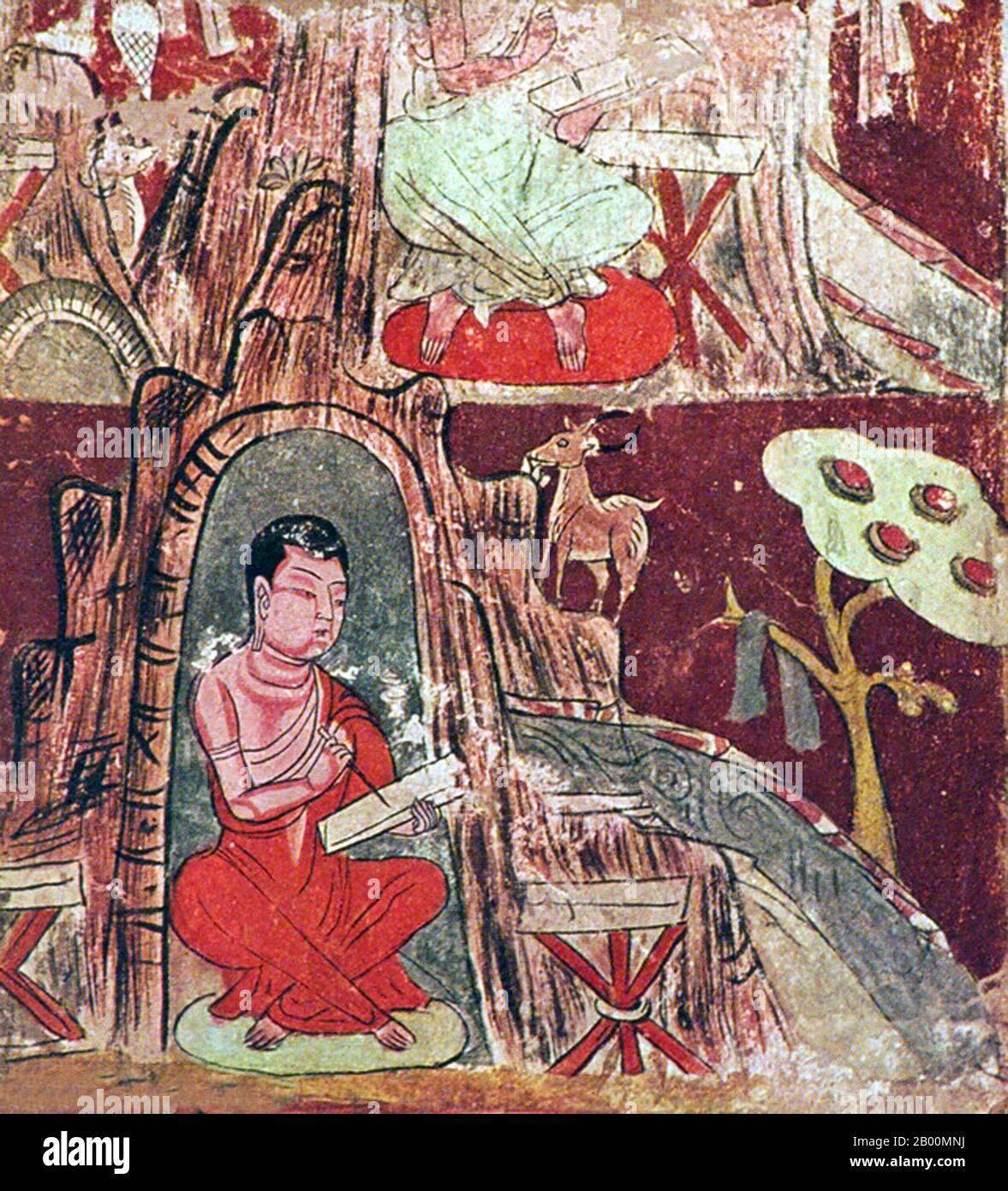 China: A Buddhist monk transcribing scriptures. Mural from the Qigexing Caves, Xinjiang.  The Qigexing Buddhist Temple Ruins (Uyghur: Xorquᶄ, Chinese: Qīgè Xīng Fúsì Yízhǐ; literally ‘Seven-Stars Buddhist Temple Ruins’) is a ruined compound of Buddhist religious sites located about 25–30 km southwest of the town of Yanqi, Yanqi Hui Autonomous County, Xinjiang, China.  Qigexing was part of the ancient Buddhist Karashara Kingdom that is first mentioned in Chinese sources from the Han Dynasty as the Kingdom of Yanqi. In 94 CE, Qigexing was conquered by the Han Dynasty in its reconquest of the Tar Stock Photo
