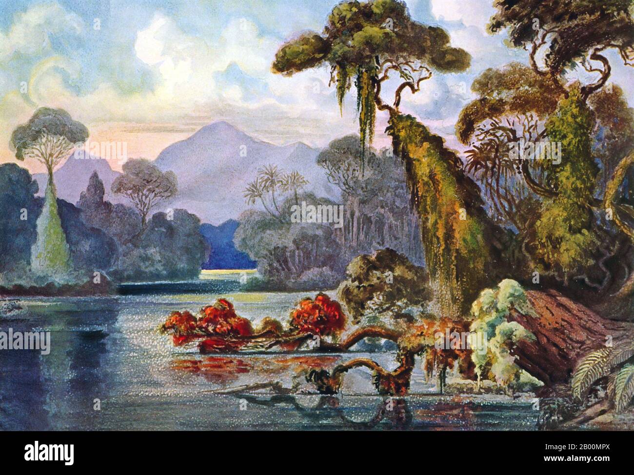 Sri Lanka: 'A View of the Kelani Ganga (Kelani River)'. Lithograph painting by Ernst Haeckel, 1882.  The Kelani River is a 145 km (90 mi) long river in Sri Lanka. Ranking as the fourth longest river in the country, it stretches from the Sri Pada Mountain Range to Colombo. It covers approximately 80% of the water supply to Colombo. In addition to that, the river is used for transport, fisheries, sewage disposal, sand mining and for production of hydroelectricity. Due to these factors, many people depend on the river for their livelihoods. Stock Photo