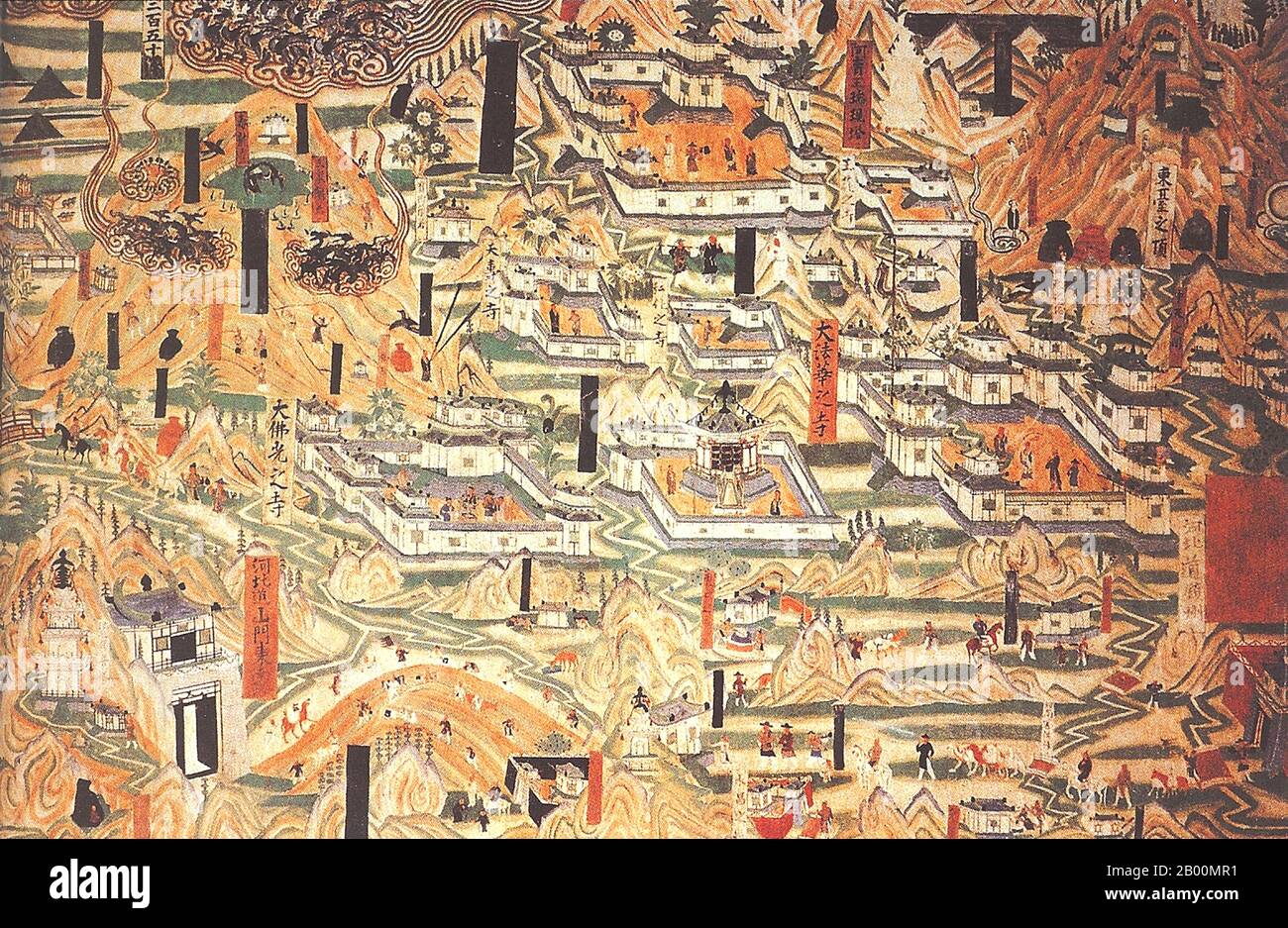 China: 10th century mural showing Tang Buddhist monasteries of Mount Wutai, Shanxi province, Cave 61, Mogao Caves, Gansu.  The Mogao Caves, or Mogao Grottoes (Chinese: mò gāo kū), also known as the Caves of the Thousand Buddhas and Dunhuang Caves, form a system of 492 temples 25 km (15.5 miles) southeast of the center of Dunhuang, an oasis strategically located at a religious and cultural crossroads on the Silk Road, in Gansu province, China. Stock Photo