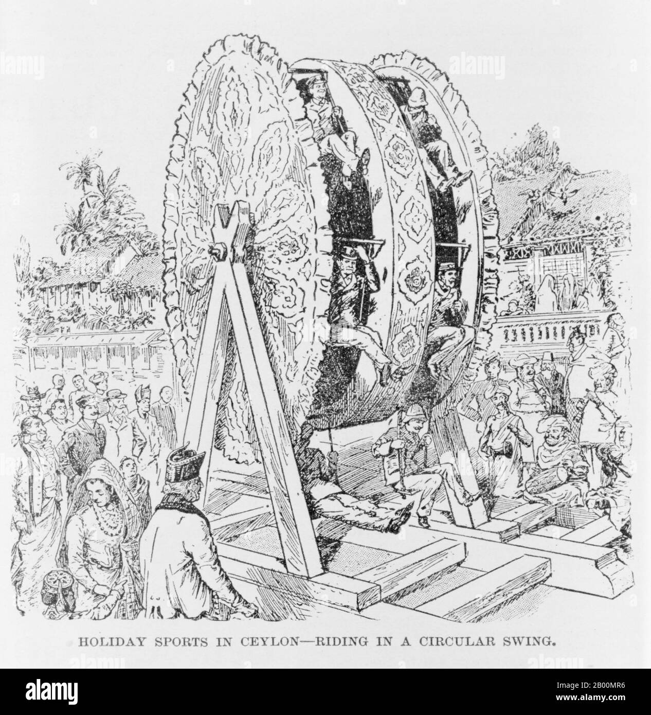 Sri Lanka: Holiday Sports in Ceylon, riding in a circular wheel, 1893.  An early Ferris Wheel in colonial Ceylon, portrayed not long after the 1893 Chicago World Fair where Ceylon was represented. The original Ferris Wheel was designed and constructed by George Washington Gale Ferris, Jr. as a landmark for the 1893 World's Columbian Exposition in Chicago. The term Ferris wheel later came to be used generically for all such structures. Since the original 1893 Chicago Ferris Wheel, there have been eight subsequent world's tallest-ever Ferris wheels. Stock Photo
