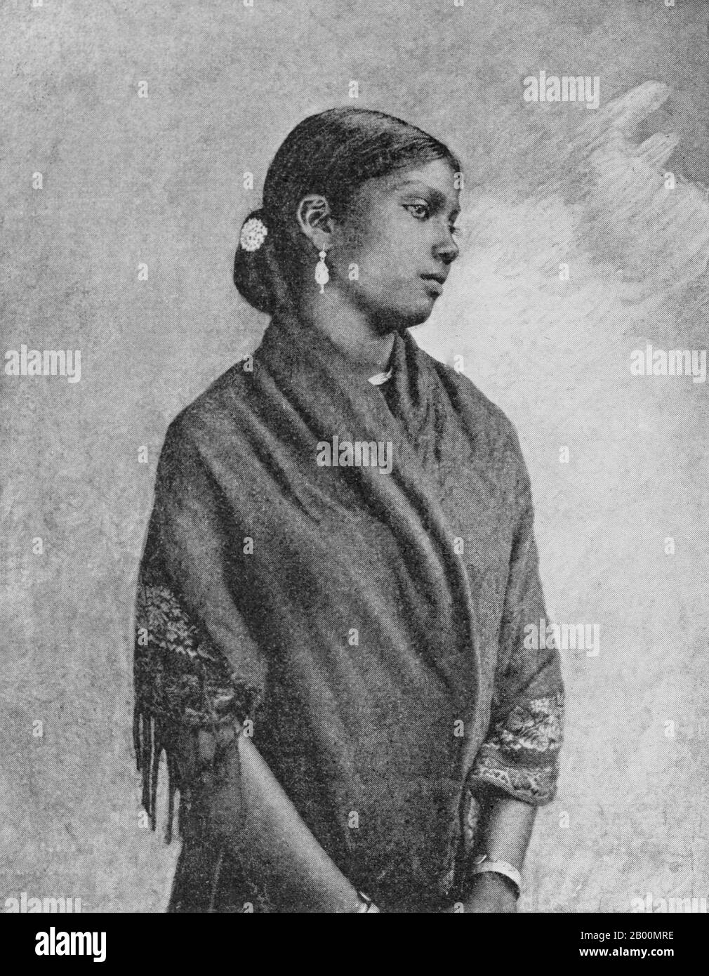 Sri Lanka: Portrait of a Sinhalese girl, late 19th century.  The Sinhalese are an ethnic group forming the majority in Sri Lanka, constituting 74% of the Sri Lankan population. They number approximately 15 million in the world. They live mainly in central, south and west Sri Lanka. According to legend they are the descendants of the exiled Prince Vijaya who arrived from North-East India to Sri Lanka in 543 BCE. The Sinhalese identity is based on language, heritage and religion. The vast majority of Sinhalese are Theravada Buddhists and speak Sinhala, Stock Photo