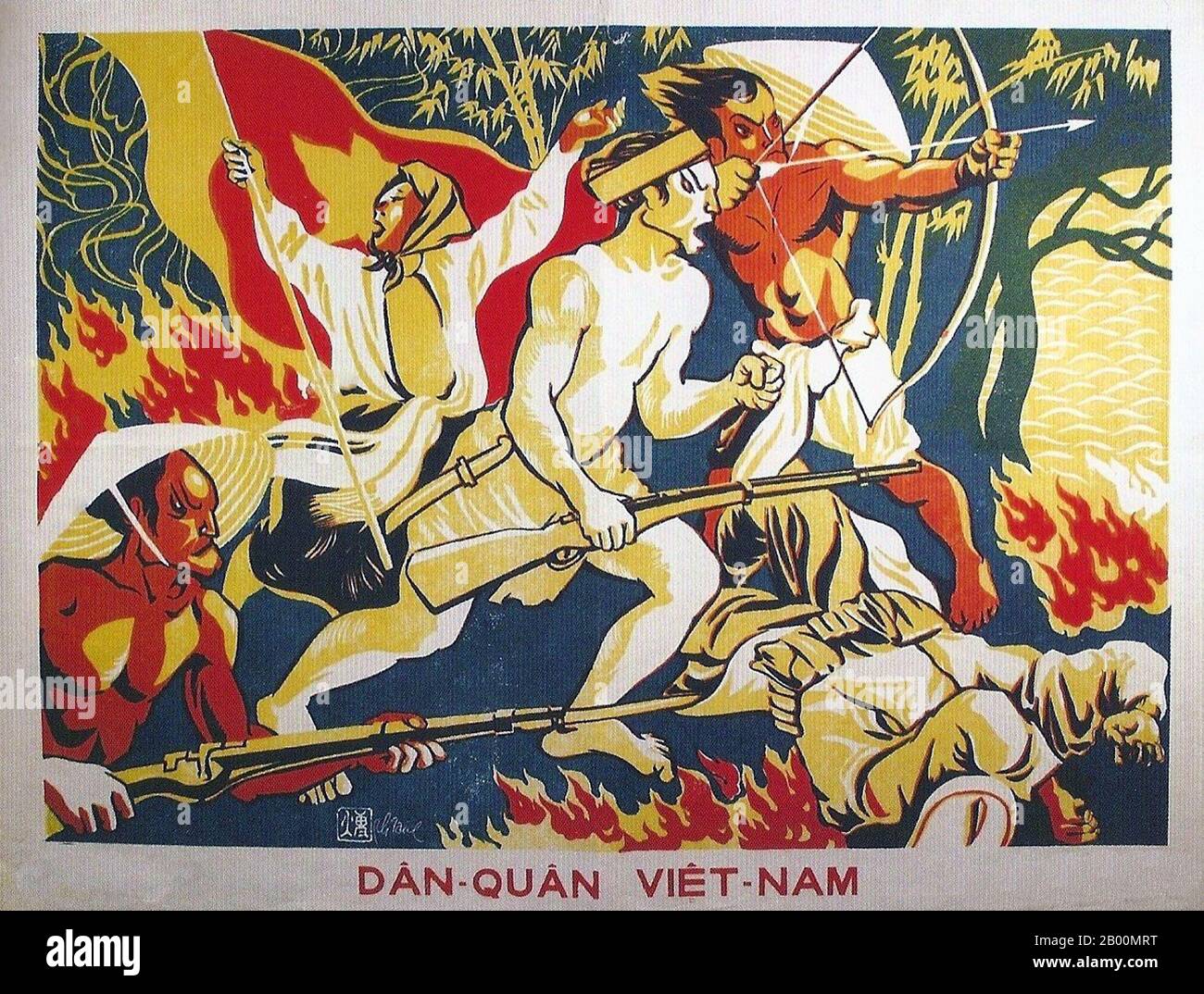 Vietnam: 'Dân-Quân Viêt-Nam (Civil and Military of Vietnam)'. Viet Minh poster, c. 1954.  North Vietnam, also called the Democratic Republic of Vietnam (DRV) (Vietnamese: Việt Nam Dân chủ Cộng hòa), was a communist state that ruled the northern half of Vietnam from 1954 until 1976. Following the Geneva Accords of 1954, Vietnam was partitioned at the 17th parallel. The DRV became the government of North Vietnam while the State of Vietnam retained control in the South. Stock Photo