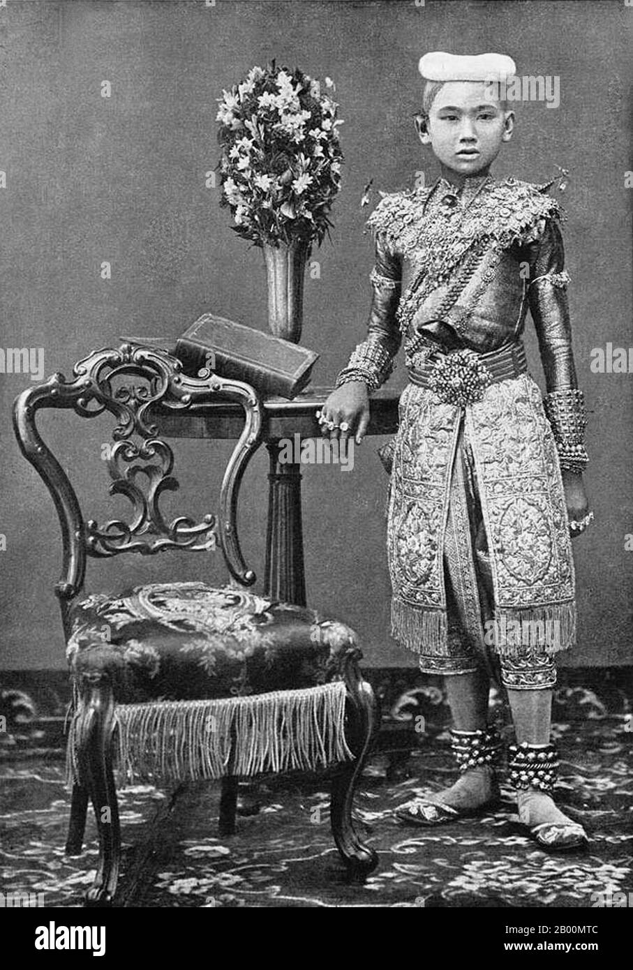 Thailand: Portrait of a Siamese prince of the ruling Chakri Dynasty, Bangkok, c.1890.  The Chakri Dynasty (also known as the House of Chakri) is the current ruling royal house of the Kingdom of Thailand, the Head of the house is the King of Thailand. The dynasty has ruled Thailand since the founding of the Ratthanakosin era and the city of Bangkok in 1782 following the end of King Taksin of Thonburi's reign, when the capital of Siam shifted to Bangkok. The Royal house was founded by King Buddha Yodfa Chulaloke, an Ayutthayan military leader. Stock Photo