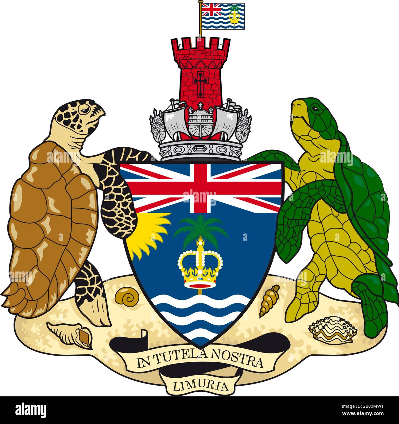 BIOT (British Indian Ocean Territory): BIOT Coat of Arms (CC BY-SA 3.0. by Demidow).  The British Indian Ocean Territory (BIOT) or Chagos Islands (formerly the Oil Islands) is an overseas territory of the United Kingdom situated in the Indian Ocean, halfway between Africa and Indonesia. The territory comprises a group of seven atolls comprising more than 60 individual islands, situated some 500 kilometres (310 mi) due south of the Maldives archipelago. The largest island is Diego Garcia (area 44 km squared), the site of a joint military facility of the United Kingdom and the United States. Stock Photo