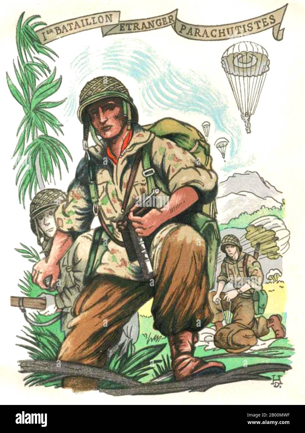 Vietnam: Foreign Legion poster showing soldiers of the 1st Parachute Battalion.  The French Foreign Legion (French: Légion étrangère) is a unique military unit in the French Army established in 1831. The legion was specifically created for foreign nationals wishing to serve in the French Armed Forces. Stock Photo