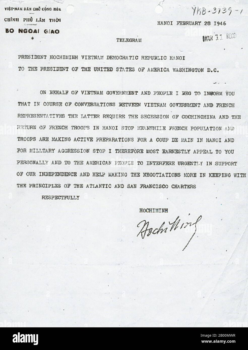 Vietnam: Telegram from Ho Chi Minh to President Truman dated February 28, 1946.  The Second Indochina War, known in America as the Vietnam War, was a Cold War era military conflict that occurred in Vietnam, Laos, and Cambodia from 1 November 1955 to the fall of Saigon on 30 April 1975. This war followed the First Indochina War and was fought between North Vietnam, supported by its communist allies, and the government of South Vietnam, supported by the U.S. and other anti-communist nations. Stock Photo
