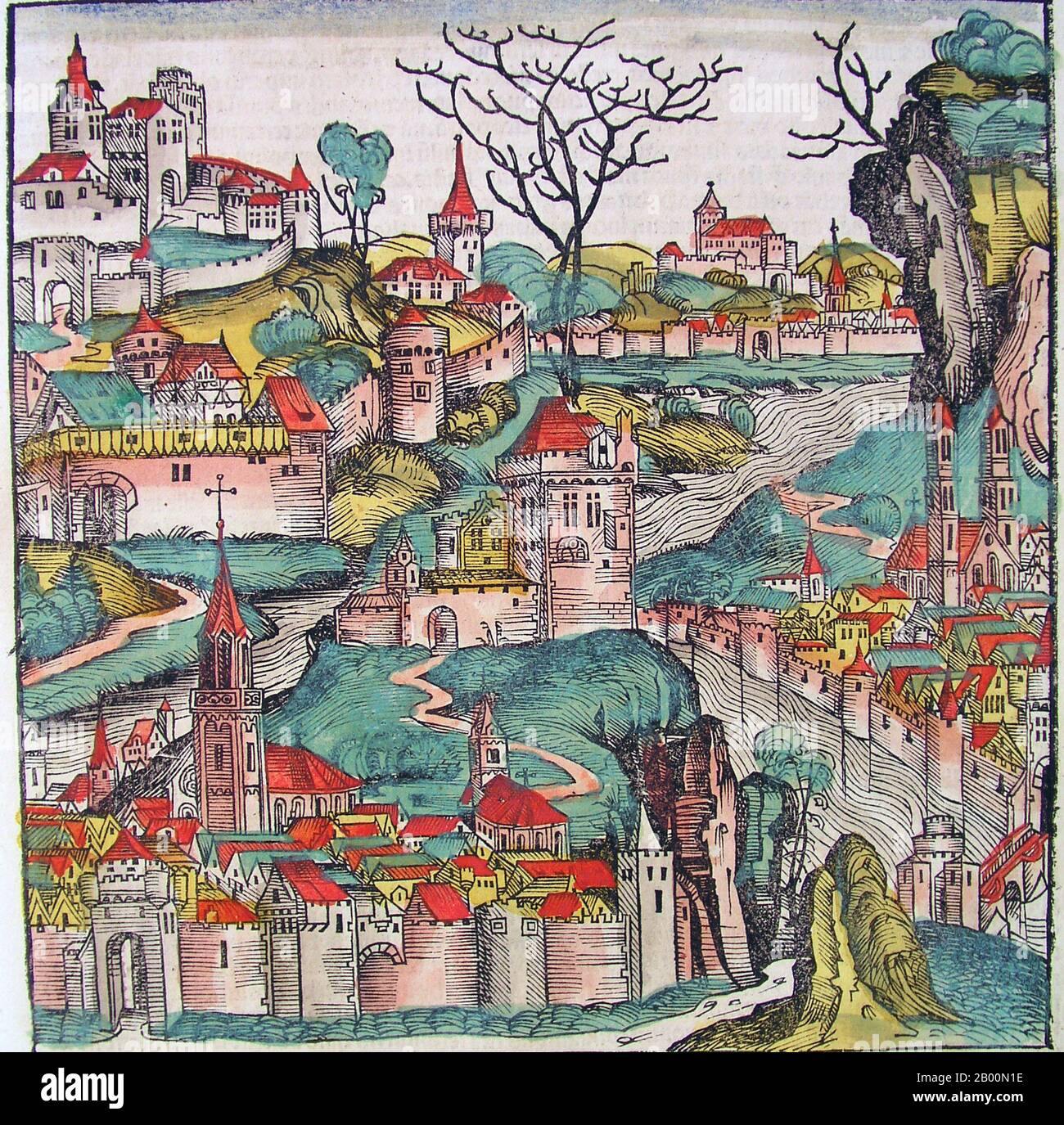 Germany: 'Achaia'. The Nuremberg Chronicle, by Hartmann Schedel (1440-1514), 1493.  The Nuremberg Chronicle is an illustrated world history. Its structure follows the story of human history as related in the Bible; it includes the histories of a number of important Western cities. Written in Latin by Hartmann Schedel, with a version in German translation by Georg Alt, it appeared in 1493. It is one of the best-documented early printed books. It is classified as an incunabulum – that is, a book, pamphlet, or broadside that was printed (not handwritten) before the year 1501 in Europe. Stock Photo