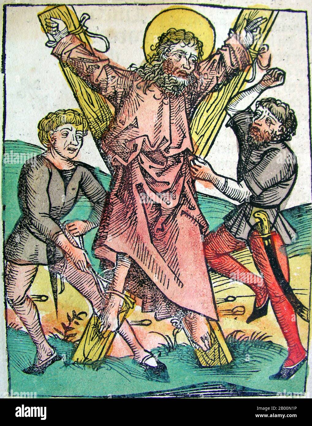 Germany: 'Andrew the Apostle'. The Nuremberg Chronicle, by Hartmann Schedel (1440-1514), 1493.  The Nuremberg Chronicle is an illustrated world history. Its structure follows the story of human history as related in the Bible, including the histories of a number of important Western cities. Written in Latin by Hartmann Schedel, with a version in German translation by Georg Alt, it appeared in 1493. It is one of the best-documented early printed books. It is classified as an incunabulum – that is, a book, pamphlet, or broadside that was printed (not handwritten) before the year 1501 in Europe. Stock Photo