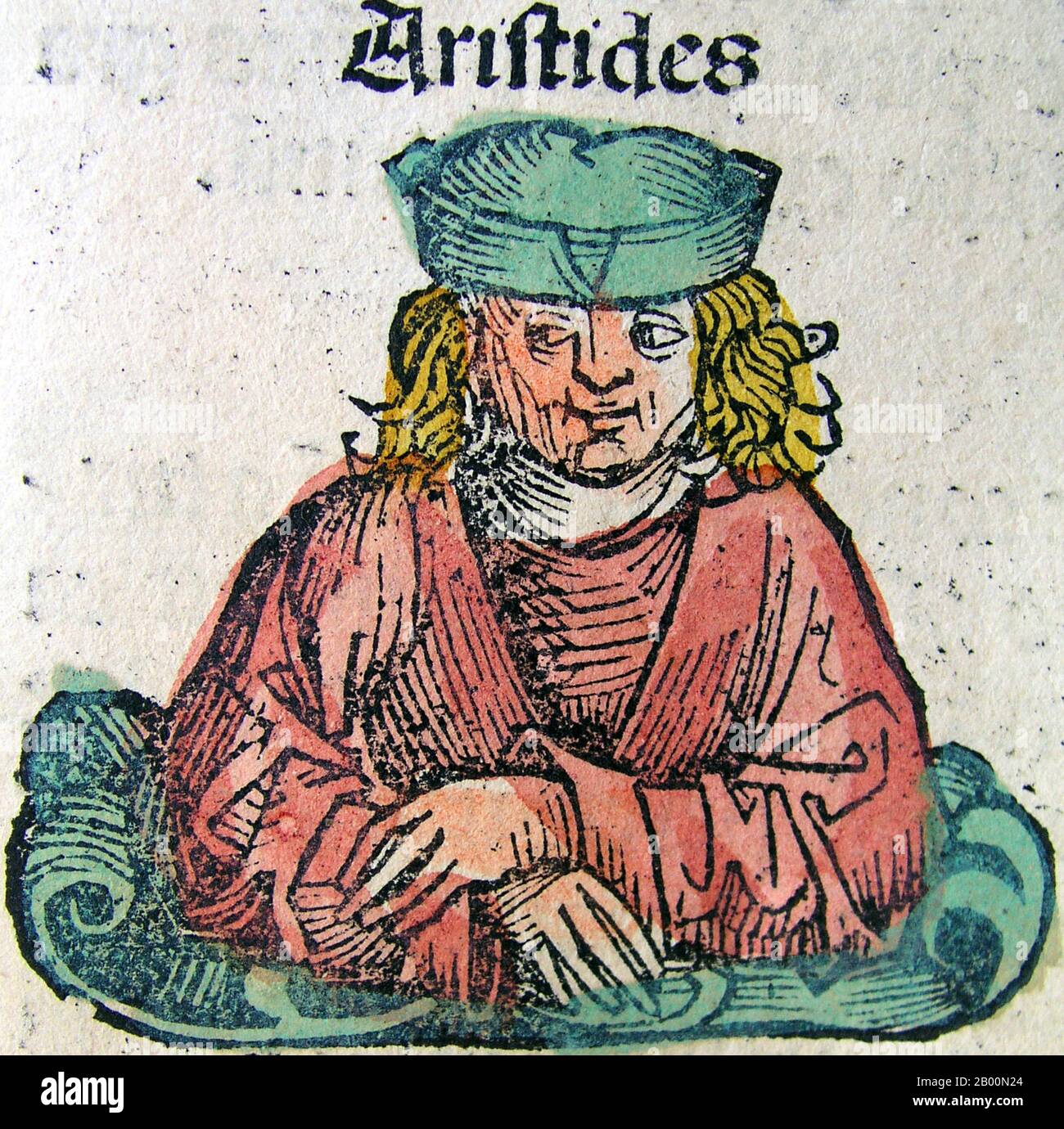 Germany: 'Aristides'. The Nuremberg Chronicle, by Hartmann Schedel (1440-1514), 1493.  The Nuremberg Chronicle is an illustrated world history. Its structure follows the story of human history as related in the Bible; it includes the histories of a number of important Western cities. Written in Latin by Hartmann Schedel, with a version in German translation by Georg Alt, it appeared in 1493. It is one of the best-documented early printed books. It is classified as an incunabulum – that is, a book, pamphlet, or broadside that was printed (not handwritten) before the year 1501 in Europe. Stock Photo