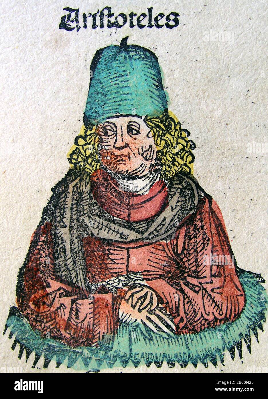 Germany: 'Aristotle'. The Nuremberg Chronicle, by Hartmann Schedel (1440-1514), 1493.  The Nuremberg Chronicle is an illustrated world history. Its structure follows the story of human history as related in the Bible; it includes the histories of a number of important Western cities. Written in Latin by Hartmann Schedel, with a version in German translation by Georg Alt, it appeared in 1493. It is one of the best-documented early printed books. It is classified as an incunabulum – that is, a book, pamphlet, or broadside that was printed (not handwritten) before the year 1501 in Europe. Stock Photo