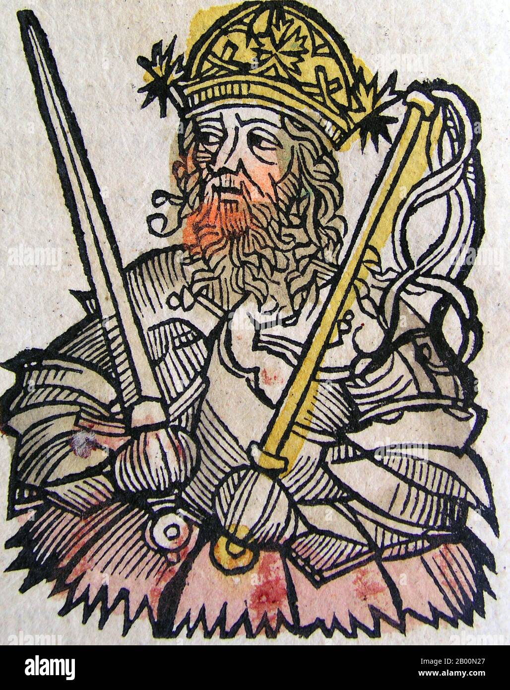 Germany: Attila, King of the Huns'. The Nuremberg Chronicle, by Hartmann Schedel (1440-1514), 1493.  The Nuremberg Chronicle is an illustrated world history. Its structure follows the story of human history as related in the Bible; it includes the histories of a number of important Western cities. Written in Latin by Hartmann Schedel, with a version in German translation by Georg Alt, it appeared in 1493. It is one of the best-documented early printed books. It is classified as an incunabulum, a book, pamphlet, or broadside that was printed (not handwritten) before the year 1501 in Europe. Stock Photo