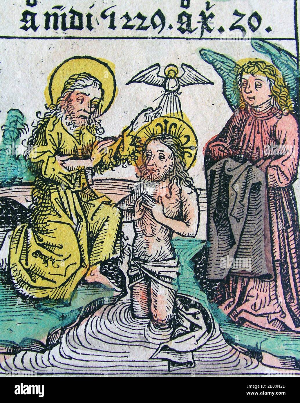 Germany: 'Baptism of Jesus'. The Nuremberg Chronicle, by Hartmann Schedel (1440-1514), 1493.  The Nuremberg Chronicle is an illustrated world history. Its structure follows the story of human history as related in the Bible; it includes the histories of a number of important Western cities. Written in Latin by Hartmann Schedel, with a version in German translation by Georg Alt, it appeared in 1493. It is one of the best-documented early printed books. It is classified as an incunabulum – that is, a book, pamphlet, or broadside that was printed (not handwritten) before the year 1501 in Europe. Stock Photo