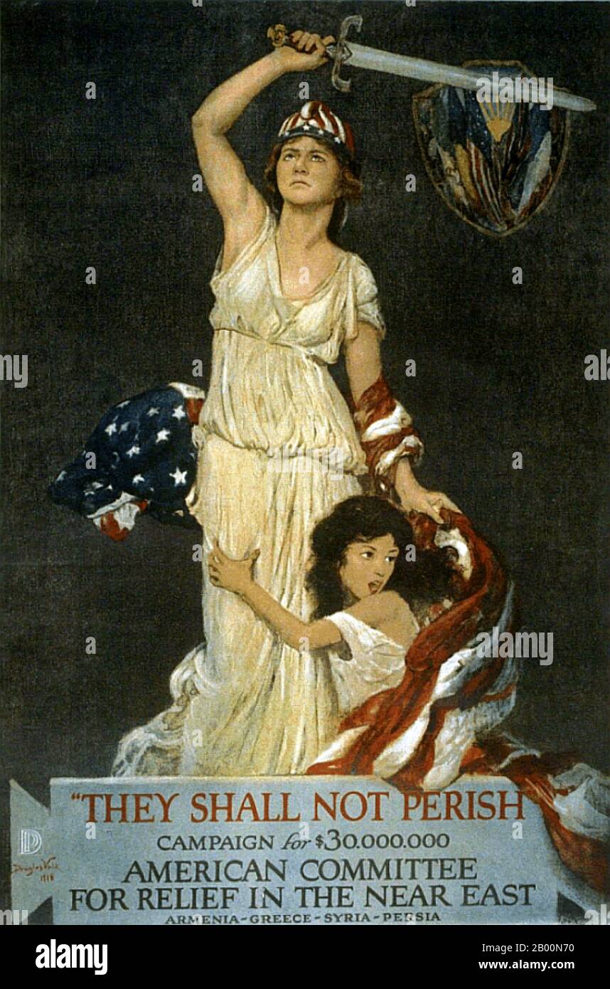 Armenia: Fundraising poster for the American Committee for Relief in the Near East - the United States contributed a significant amount of aid to help Armenians during the Armenian Genocide. Poster by Douglas Volk (1856-1935).  The Armenian Genocide refers to the deliberate and systematic destruction of the Armenian population of the Ottoman Empire during and just after World War I. It was implemented through wholesale massacres and deportations, with the deportations consisting of forced marches under conditions designed to lead to the death of the deportees. Stock Photo