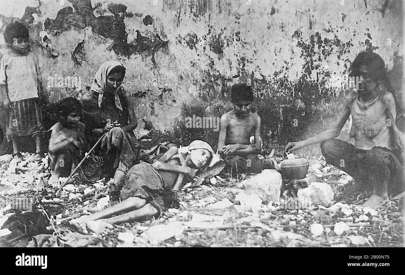 Armenia: Armenian Genocide, starving refugees c. 1918.  The Armenian Genocide refers to the deliberate and systematic destruction of the Armenian population of the Ottoman Empire during and just after World War I. It was implemented through wholesale massacres and deportations, with the deportations consisting of forced marches under conditions designed to lead to the death of the deportees. The total number of resulting Armenian deaths is generally held to have been between one and one and a half million. Stock Photo