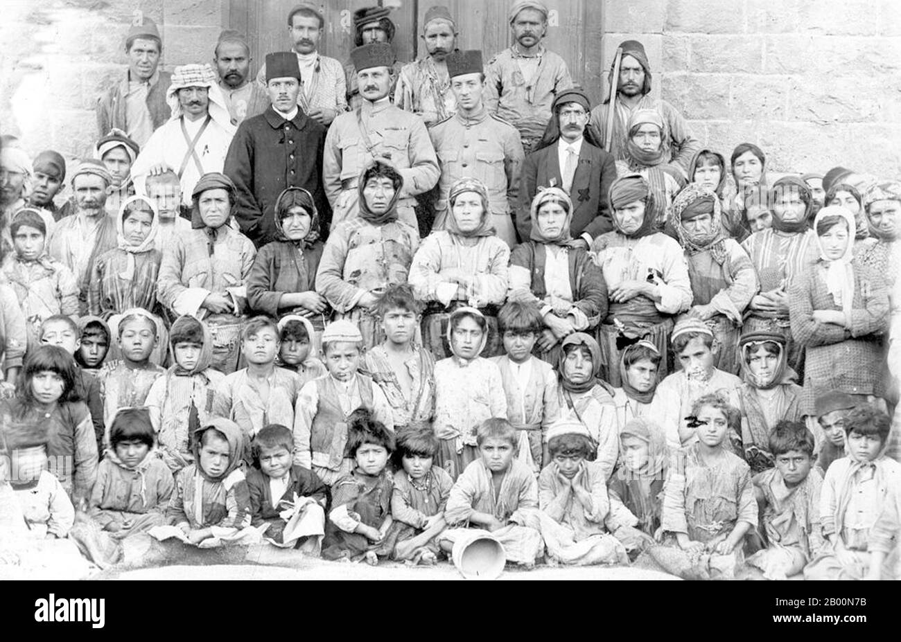 Armenia: Armenian Genocide, Women and children rescued in Der’a in spring 1918.  The Armenian Genocide refers to the deliberate and systematic destruction of the Armenian population of the Ottoman Empire during and just after World War I. It was implemented through wholesale massacres and deportations, with the deportations consisting of forced marches under conditions designed to lead to the death of the deportees. The total number of resulting Armenian deaths is generally held to have been between one and one and a half million. Stock Photo