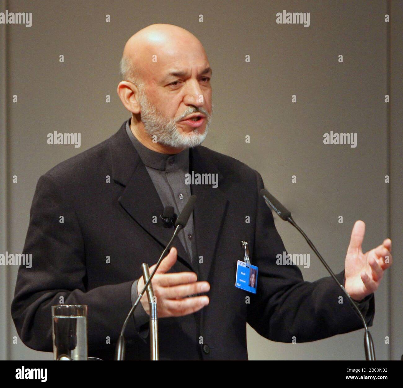 Afghanistan: Afghan President Hamid Karzai at the 45th Munich Security Conference in 2009. Photo by Harald Dettenborn (CC BY 3.0 DE License).  Hamid Karzai (24 December 1957 - ) is the 12th President of Afghanistan, taking office on 7 December 2004. He became a dominant political figure after the removal of the Taliban regime in late 2001.  During the December 2001 International Conference on Afghanistan in Germany, Karzai was selected by prominent Afghan political figures to serve a six-month term as chairman of the Interim administration. Stock Photo