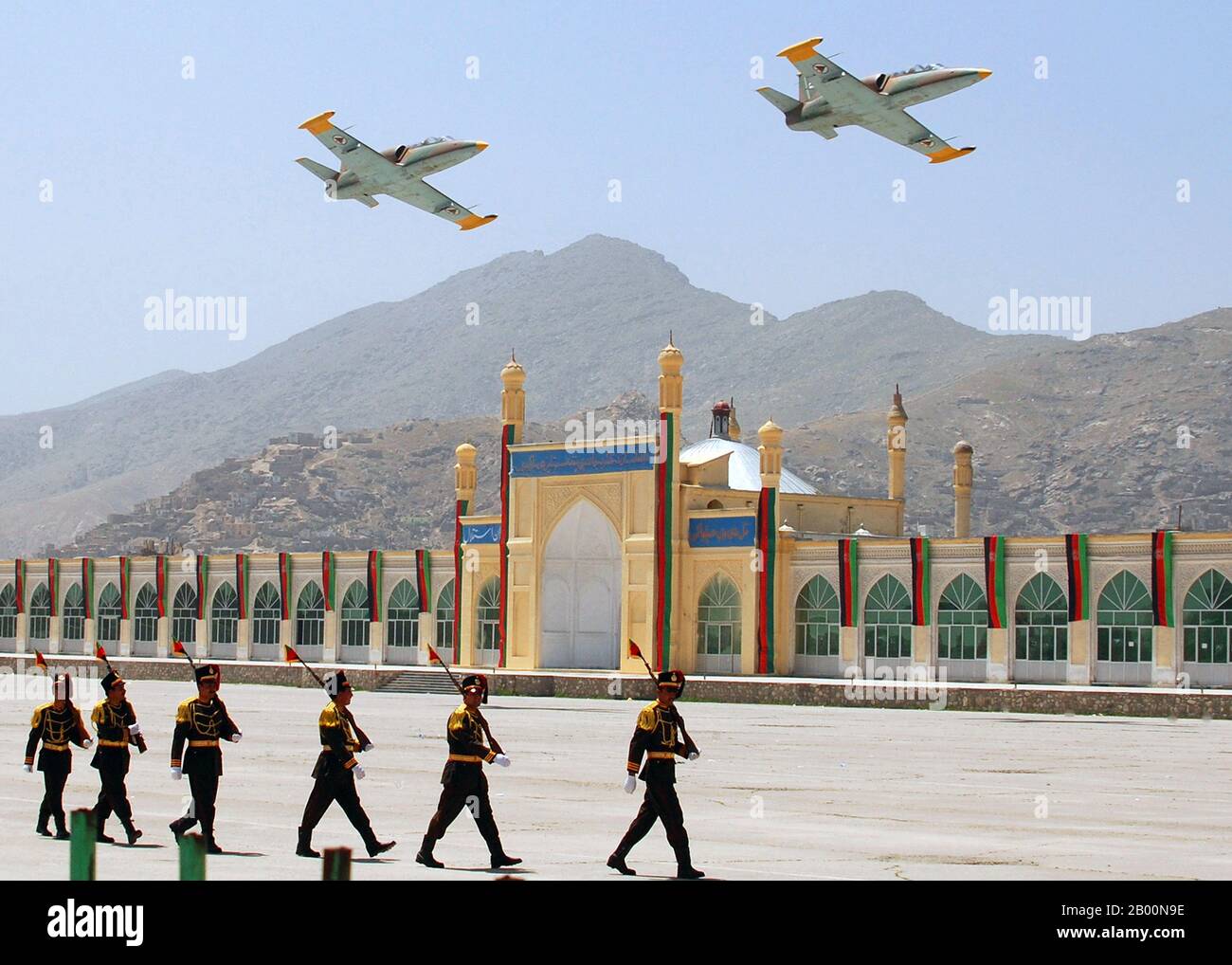 Afghanistan: Afghan Air Force jets pass in review during a parade commemorating the 15th anniversary of the Mujahideen victory. This occasion marks the capture of Kabul from the communist regime on April 28, 1992. Photo by David Votroubek, 2007.  The Soviet War in Afghanistan was a nine-year conflict involving the Soviet Union, supporting the Marxist government of the Democratic Republic of Afghanistan against the indigenous Afghan Mujahideen and foreign ‘Arab–Afghan’ volunteers. The mujahideen found other support from a variety of sources including the US, Saudi Arabia, the UK and China. Stock Photo