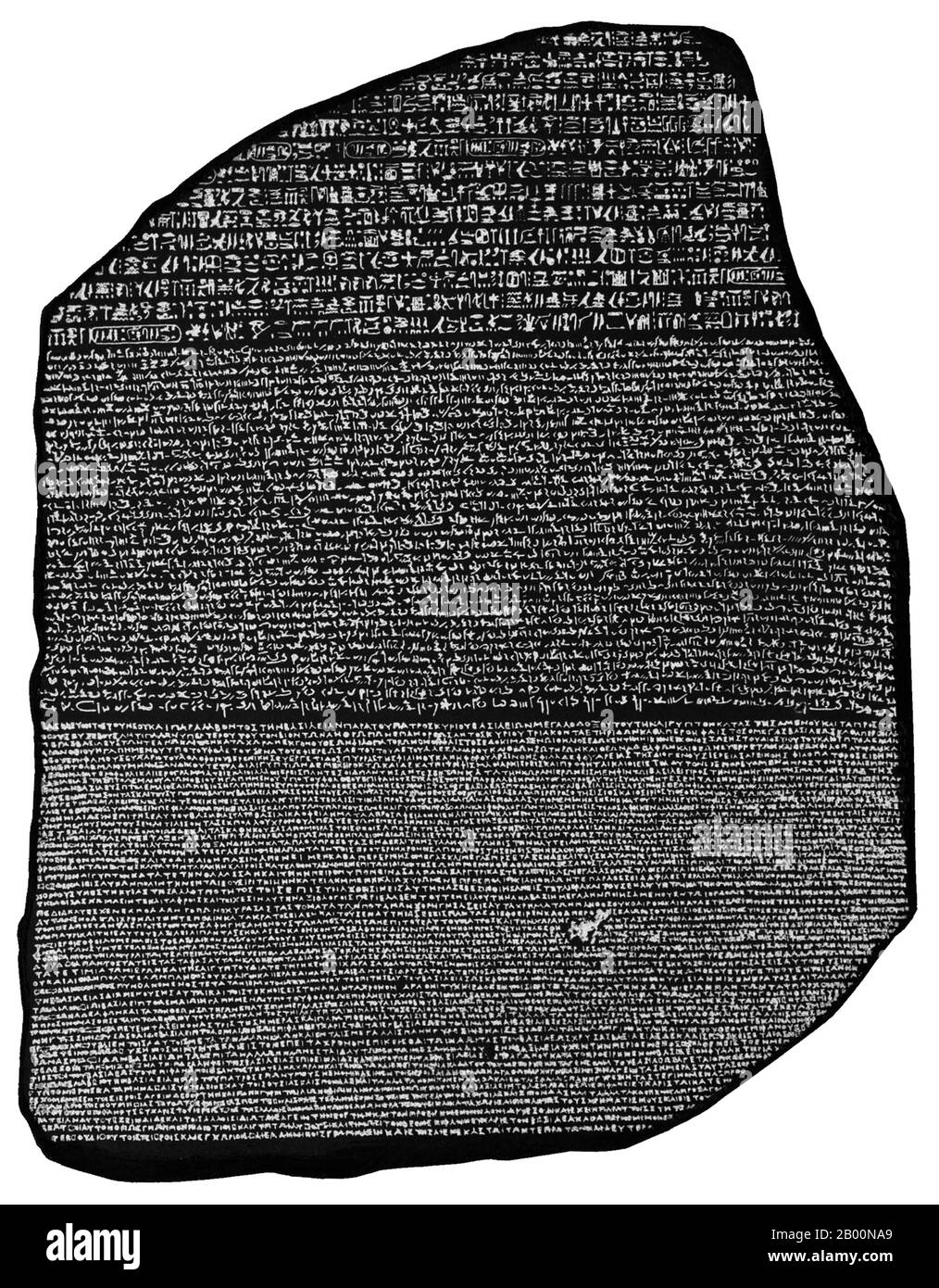 Egypt: The Rosetta Stone is an Ancient Egyptian artifact which provided the key to modern understanding of Egyptian hieroglyphs. Created at the behest of King Ptolemy V Epiphanes (204-180 BCE).  The Rosetta Stone is a fragment of a larger granodiorite stele, with an inscription recording a decree that was issued at Memphis in 196 BCE. No additional fragments were found in later searches of the Rosetta site. Owing to its damaged state, none of the three texts is absolutely complete. The Greek text contains 54 lines, of which the first 27 survive in full; the rest are increasingly fragmentary. Stock Photo