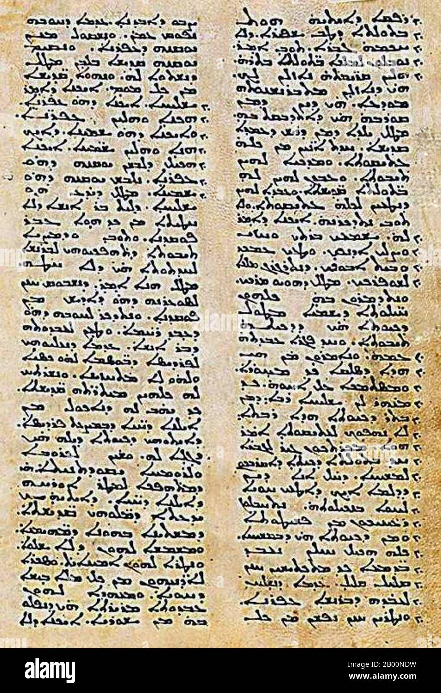 Egypt: Syriac script. Mt. Sinai, Egypt, 9th c. MS in Syriac on vellum, from the Monastery of St Catherine, Mt Sinai.  Syriac (ܠܫܢܐ ܣܘܪܝܝܐ Leššānā Suryāyā) is a dialect of Middle Aramaic that was once spoken across much of the Fertile Crescent and Eastern Arabia.  Having first appeared as a script in the 1st century CE after being spoken as an unwritten language for five centuries, Classical Syriac became a major literary language throughout the Middle East from the 4th to the 8th centuries, the classical language of Edessa, preserved in a large body of Syriac literature. Stock Photo
