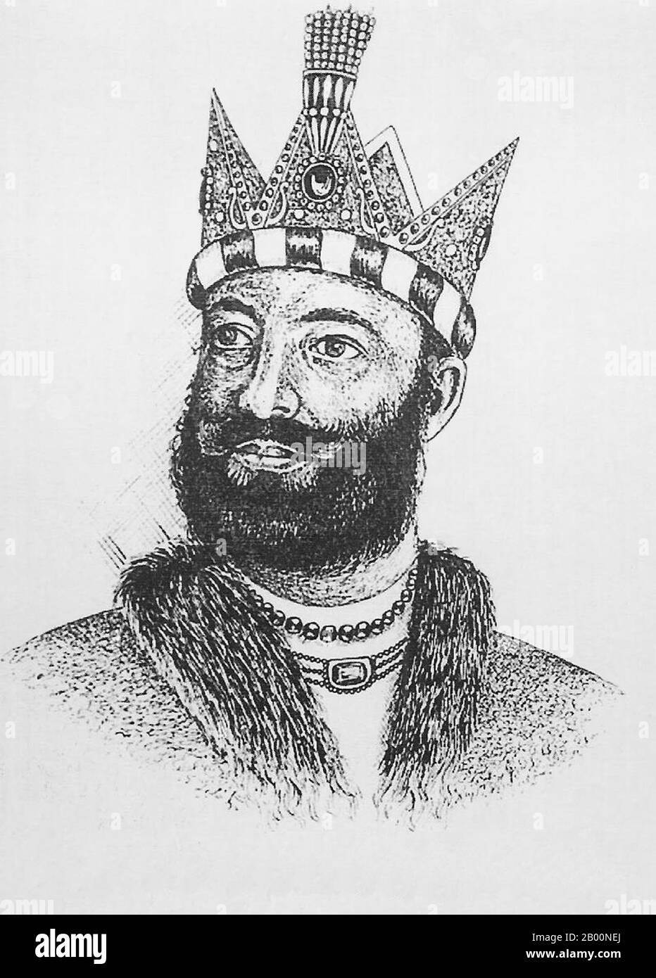 Afghanistan: Sultan Mahmud of Ghazni (997-1030). Sketch by Maulvi Abdurab Ahadi.  Mahmud of Ghazni (November 2, 971 - April 30, 1030) was the most prominent ruler of the Ghaznavid dynasty and ruled from 997 until his death in 1030. Mahmud turned the former provincial city of Ghazni (now in Afghanistan) into the wealthy capital of an extensive empire which extended from Afghanistan into most of Iran as well as Pakistan and regions of North-West India. Stock Photo