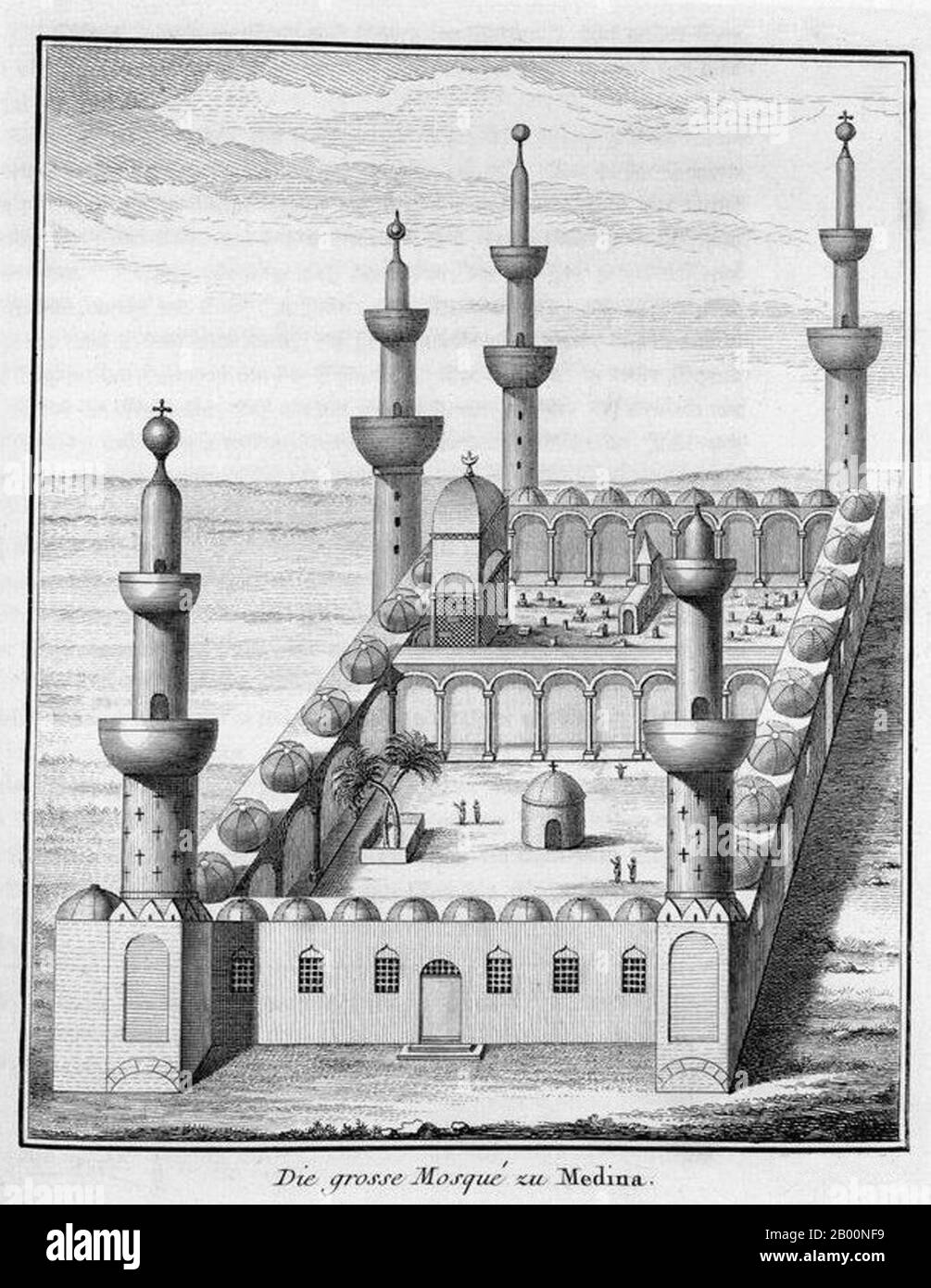 Yemen: 'The Great Mosque of Medina'. Carsten Niebuhr (1733-1815), Royal Danish Arabia Expedition (1761-1776).  The 6 year expedition to Egypt and Yemen funded by the King of Denmark in 1761 was the stuff of romantic legend. Filled with death, womanising and general intrigue, Carsten Niebuhr - the only survivor - recorded a dispassionate account of the journey in 'Beschreibung von Arabien' in 1772 - an historical classic in terms of informing Europe about the Middle East. Stock Photo