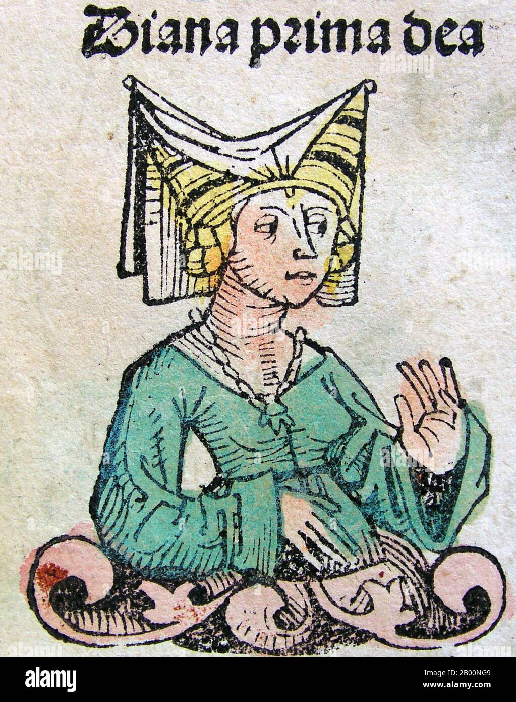 Germany: 'Diana'. The Nuremberg Chronicle, by Hartmann Schedel (1440-1514), 1493.  The Nuremberg Chronicle is an illustrated world history. Its structure follows the story of human history as related in the Bible, including the histories of a number of important Western cities. Written in Latin by Hartmann Schedel, with a version in German translation by Georg Alt, it appeared in 1493. It is one of the best-documented early printed books. It is classified as an incunabulum, a book, pamphlet, or broadside that was printed (not handwritten) before the year 1501 in Europe. Stock Photo