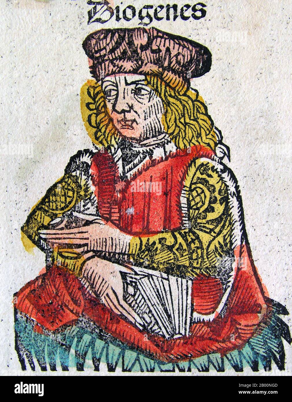 Germany: 'Diogenes'. The Nuremberg Chronicle, by Hartmann Schedel (1440-1514), 1493.  The Nuremberg Chronicle is an illustrated world history. Its structure follows the story of human history as related in the Bible, including the histories of a number of important Western cities. Written in Latin by Hartmann Schedel, with a version in German translation by Georg Alt, it appeared in 1493. It is one of the best-documented early printed books. It is classified as an incunabulum, a book, pamphlet, or broadside that was printed (not handwritten) before the year 1501 in Europe. Stock Photo