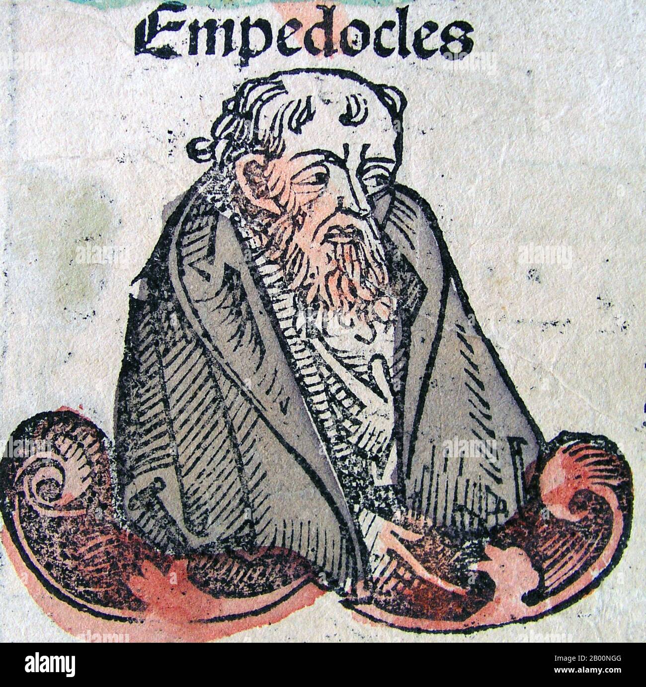 Germany: 'Empedocles'. The Nuremberg Chronicle, by Hartmann Schedel (1440-1514), 1493.  The Nuremberg Chronicle is an illustrated world history. Its structure follows the story of human history as related in the Bible, including the histories of a number of important Western cities. Written in Latin by Hartmann Schedel, with a version in German translation by Georg Alt, it appeared in 1493. It is one of the best-documented early printed books. It is classified as an incunabulum, a book, pamphlet, or broadside that was printed (not handwritten) before the year 1501 in Europe. Stock Photo