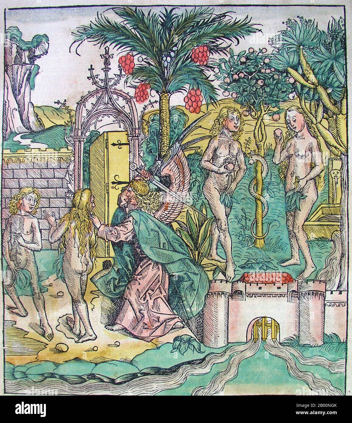 Germany: 'Expulsion from the Garden of Eden'. The Nuremberg Chronicle, by Hartmann Schedel (1440-1514), 1493.  The Nuremberg Chronicle is an illustrated world history. Its structure follows the story of human history as related in the Bible, including the histories of a number of important Western cities. Written in Latin by Hartmann Schedel, with a version in German translation by Georg Alt, it appeared in 1493. It is one of the best-documented early printed books. It is classified as an incunabulum, a book, pamphlet, or broadside that was printed (not handwritten) before the year 1501. Stock Photo