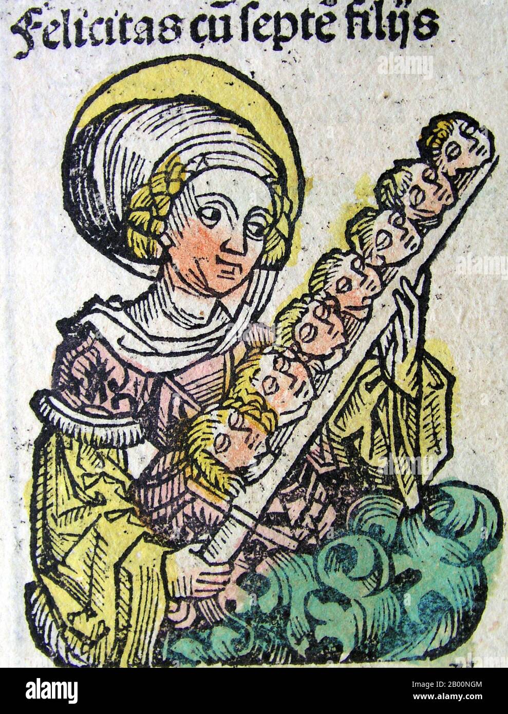 Germany: 'Felicitas'. The Nuremberg Chronicle, by Hartmann Schedel (1440-1514), 1493.  The Nuremberg Chronicle is an illustrated world history. Its structure follows the story of human history as related in the Bible, including the histories of a number of important Western cities. Written in Latin by Hartmann Schedel, with a version in German translation by Georg Alt, it appeared in 1493. It is one of the best-documented early printed books. It is classified as an incunabulum, a book, pamphlet, or broadside that was printed (not handwritten) before the year 1501 in Europe. Stock Photo