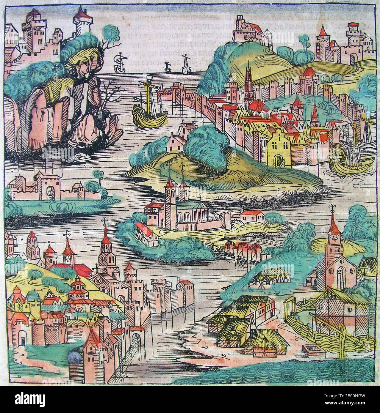 Germany: 'Franconia'. The Nuremberg Chronicle, by Hartmann Schedel (1440-1514), 1493.  The Nuremberg Chronicle is an illustrated world history. Its structure follows the story of human history as related in the Bible, including the histories of a number of important Western cities. Written in Latin by Hartmann Schedel, with a version in German translation by Georg Alt, it appeared in 1493. It is one of the best-documented early printed books. It is classified as an incunabulum, a book, pamphlet, or broadside that was printed (not handwritten) before the year 1501 in Europe. Stock Photo