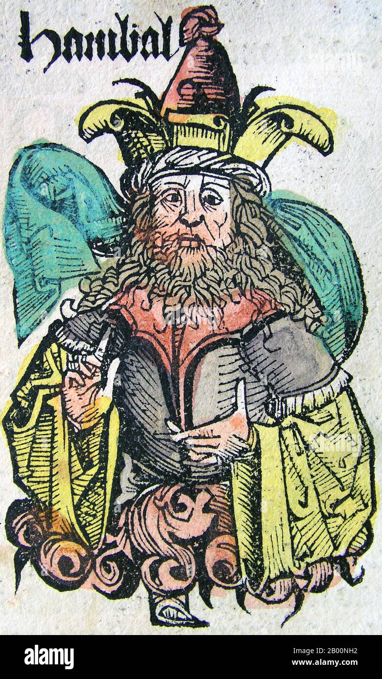Germany: 'Hannibal'. The Nuremberg Chronicle, by Hartmann Schedel (1440-1514), 1493.  The Nuremberg Chronicle is an illustrated world history. Its structure follows the story of human history as related in the Bible, including the histories of a number of important Western cities. Written in Latin by Hartmann Schedel, with a version in German translation by Georg Alt, it appeared in 1493. It is one of the best-documented early printed books. It is classified as an incunabulum, a book, pamphlet, or broadside that was printed (not handwritten) before the year 1501 in Europe. Stock Photo