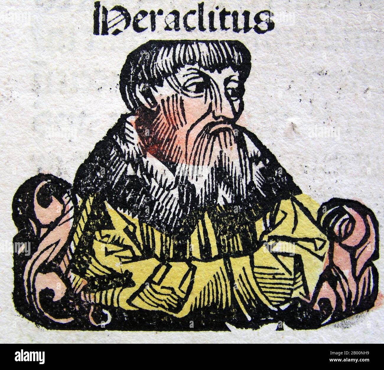Germany: 'Heraclitus'. The Nuremberg Chronicle, by Hartmann Schedel (1440-1514), 1493.  The Nuremberg Chronicle is an illustrated world history. Its structure follows the story of human history as related in the Bible, including the histories of a number of important Western cities. Written in Latin by Hartmann Schedel, with a version in German translation by Georg Alt, it appeared in 1493. It is one of the best-documented early printed books. It is classified as an incunabulum, a book, pamphlet, or broadside that was printed (not handwritten) before the year 1501 in Europe. Stock Photo