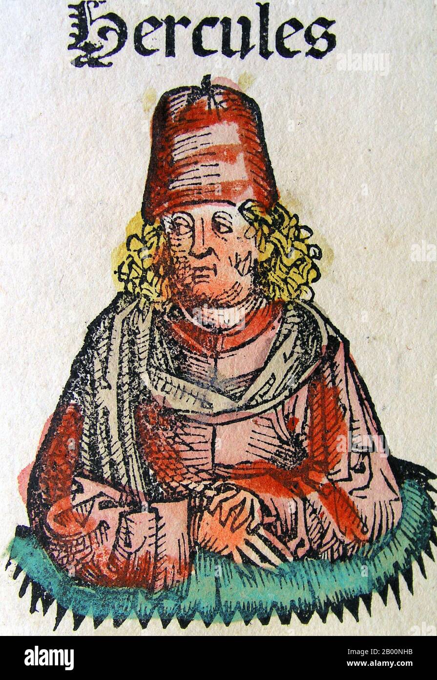 Germany: 'Hercules'. The Nuremberg Chronicle, by Hartmann Schedel (1440-1514), 1493.  The Nuremberg Chronicle is an illustrated world history. Its structure follows the story of human history as related in the Bible, including the histories of a number of important Western cities. Written in Latin by Hartmann Schedel, with a version in German translation by Georg Alt, it appeared in 1493. It is one of the best-documented early printed books. It is classified as an incunabulum, a book, pamphlet, or broadside that was printed (not handwritten) before the year 1501 in Europe. Stock Photo