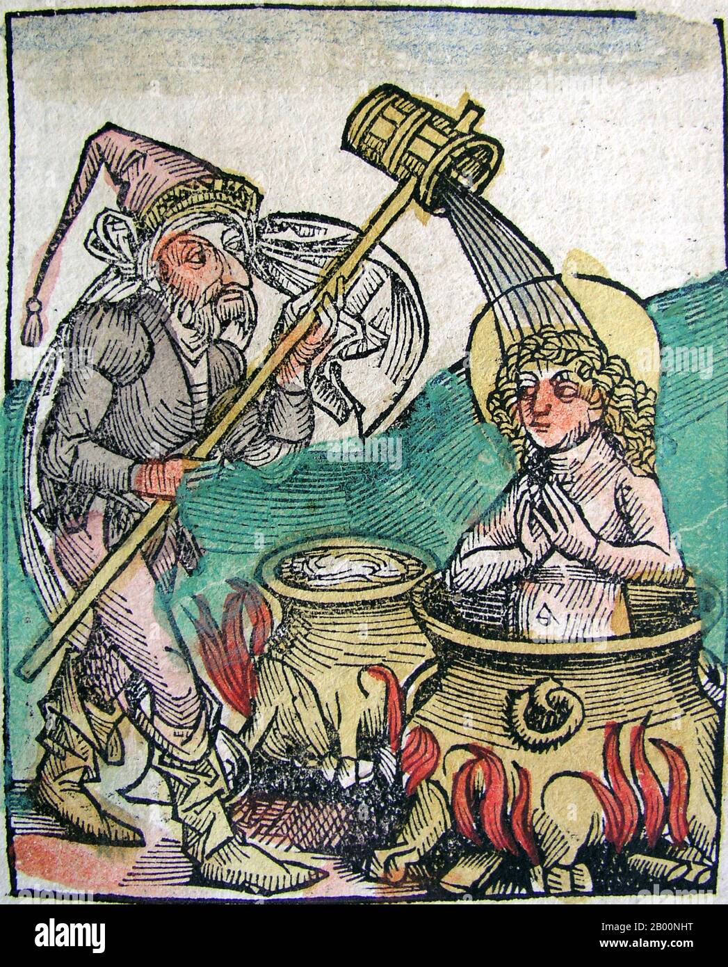 Germany: 'John Boiled in Oil'. The Nuremberg Chronicle, by Hartmann Schedel  (1440-1514), 1493. The Nuremberg Chronicle is an illustrated world history.  Its structure follows the story of human history as related in