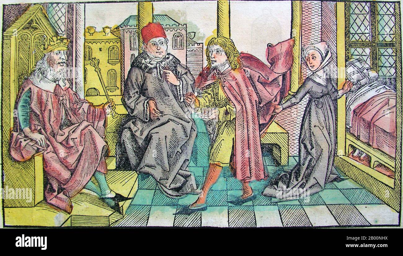 Germany: 'Joseph and Potiphar's Wife'. The Nuremberg Chronicle, by Hartmann Schedel (1440-1514), 1493.  The Nuremberg Chronicle is an illustrated world history. Its structure follows the story of human history as related in the Bible, including the histories of a number of important Western cities. Written in Latin by Hartmann Schedel, with a version in German translation by Georg Alt, it appeared in 1493. It is one of the best-documented early printed books. It is classified as an incunabulum, a book, pamphlet, or broadside that was printed (not handwritten) before the year 1501 in Europe. Stock Photo